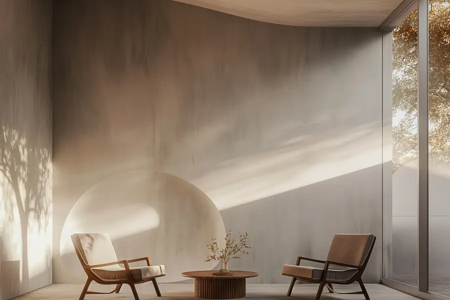 A calm, softly lit room with two armchairs facing a small round table, and tree shadows falling across the wall.