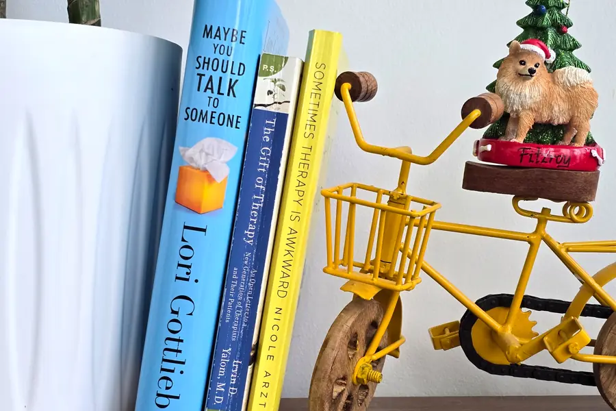 Maybe You Should Talk to Someone, The Gift of Therapy and Sometimes Therapy Is Awkward, leaning against a vase beside a toy bicycle carrying a Pomeranian ornament.