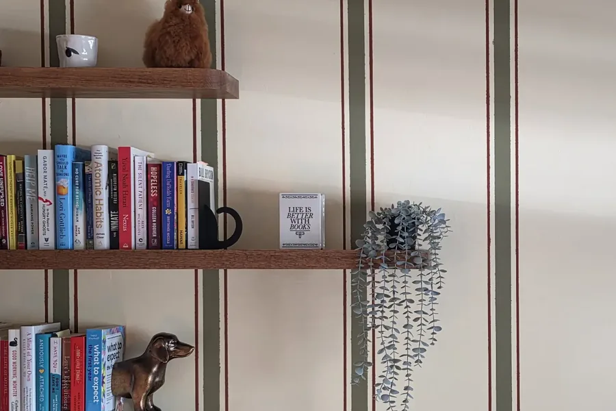 Wooden shelves of books against a striped wall, with a trailing eucalyptus plant and a small brass dachshund.