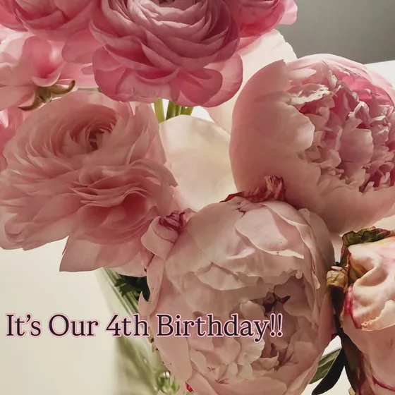 A bouquet of pink peonies, captioned &ldquo;It&rsquo;s Our 4th Birthday!!&rdquo;